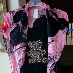 D9  Adorable Bejeweled bear tshirt attached to pink duster No tags 24" l 18 wide